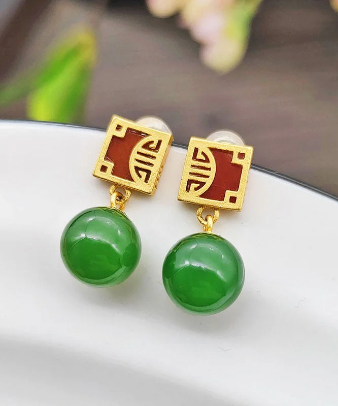 Fine Green Sterling Silver Overgild Jade Drop Earrings