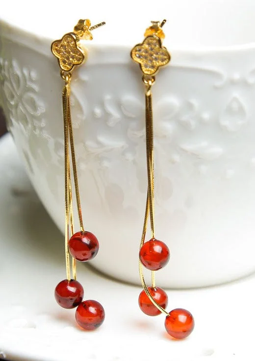 Modern Yellow Sterling Silver Overgild Inlaid Amber Beeswax Drop Earrings