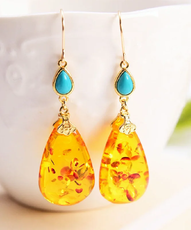 Simple Yellow 14K Gold Water Drop Amber Beeswax Drop Earrings