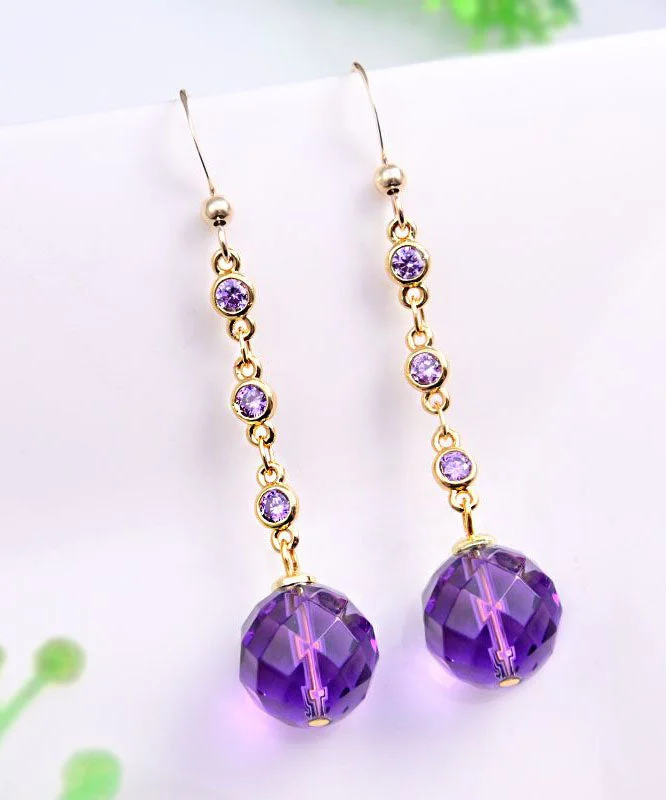 Skinny Purple Smooth Finish 14K Gold Crystal Tassel Drop Earrings