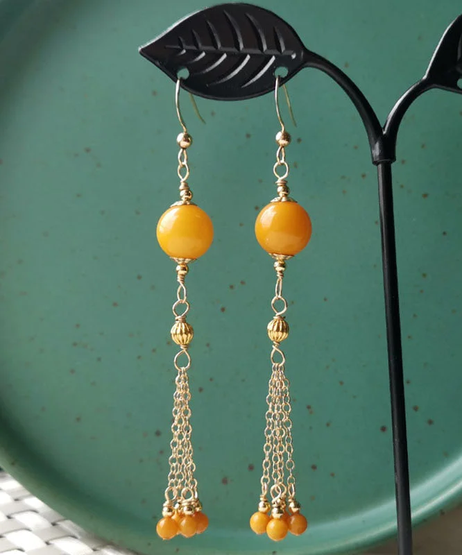 Style Yellow 14K Gold Amber Beeswax Chain Tassel Drop Earrings