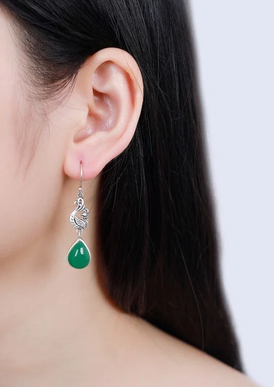 Stylish Green Sterling Silver Inlaid Water Drop Chalcedony Drop Earrings