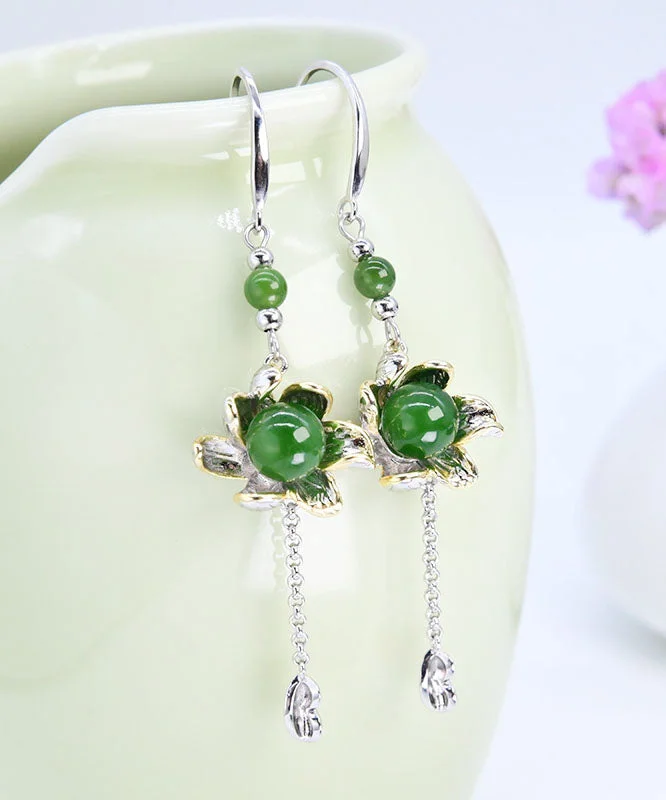 Vintage Green Sterling Silver Jade Floral Drop Earrings