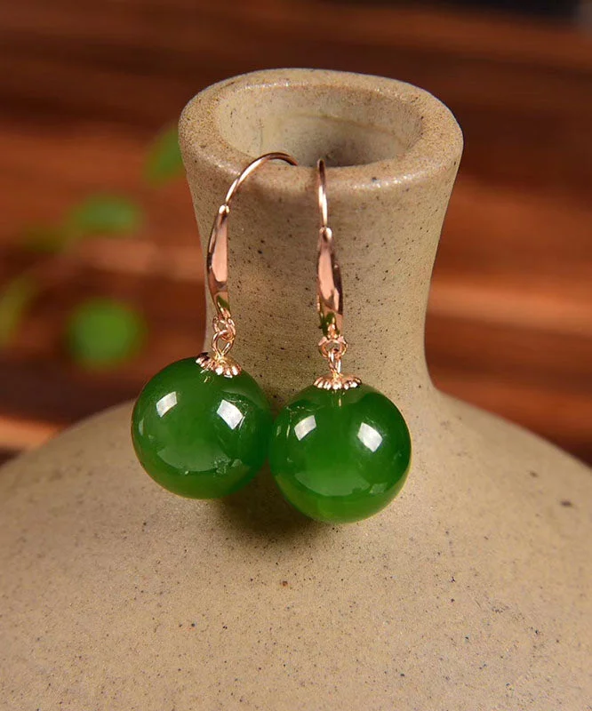 Vintage Green Sterling Silver Overgild Jade Circular Drop Earrings