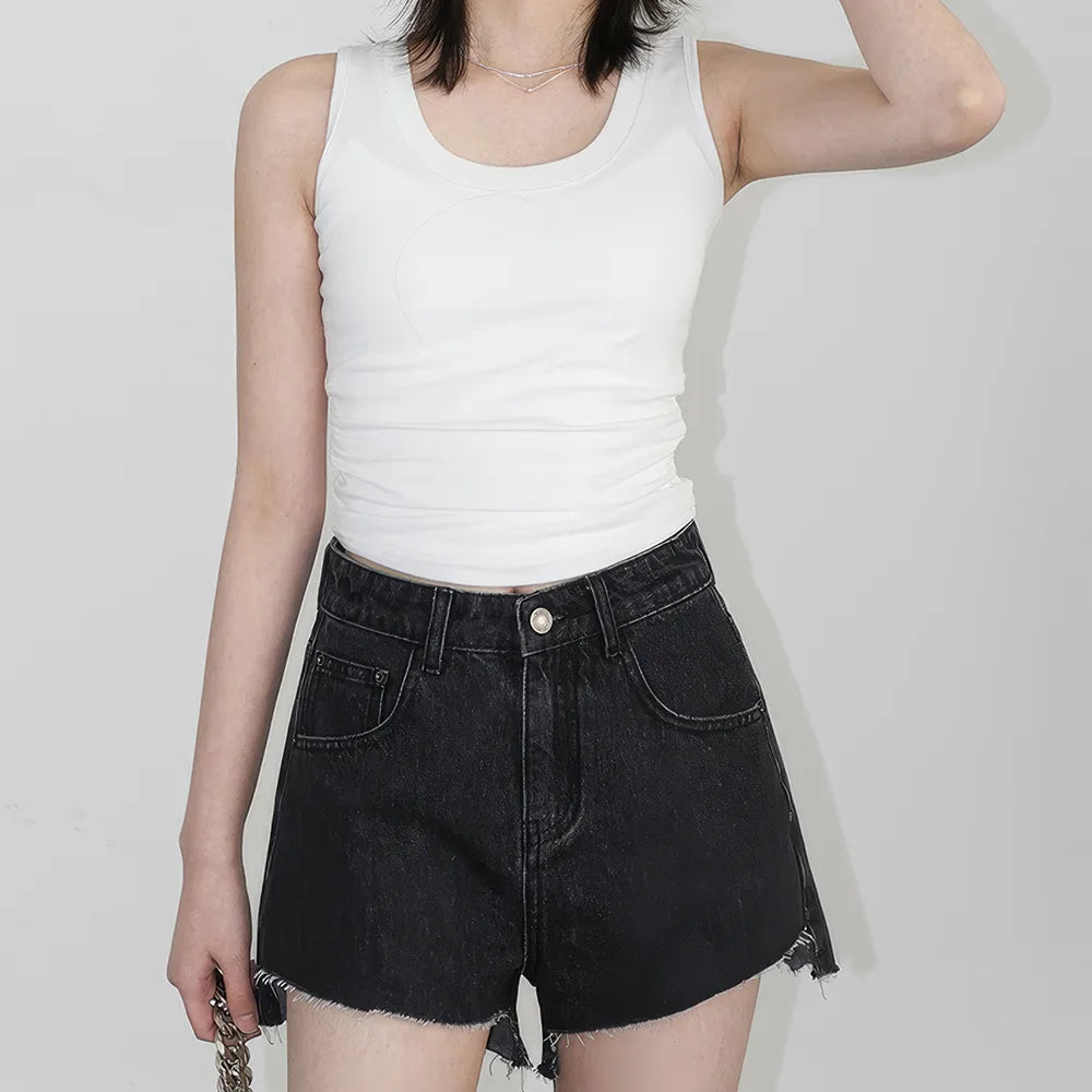 High Waist Asymmetric Hem Denim Shorts