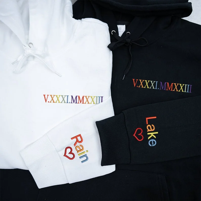 Custom Embroidered Colorful Roman Numerals Hoodie for Couples, Add your Initial or Name on the Sleeve Valentine's Day and Christmas Gift