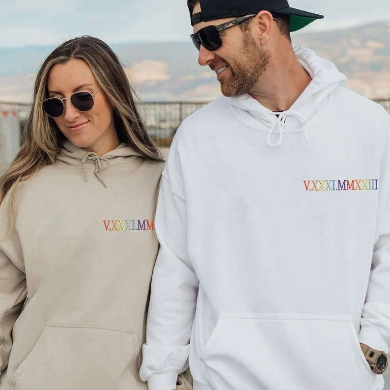 Custom Embroidered Colorful Roman Numerals Hoodie for Couples, Add your Initial or Name on the Sleeve Valentine's Day and Christmas Gift