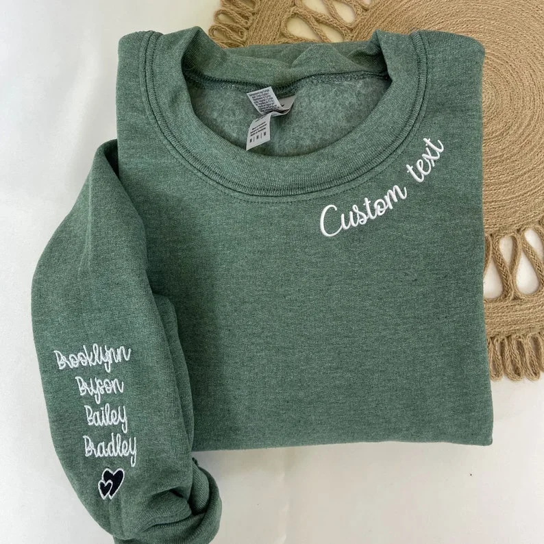 Custom Embroidered Mama Grandma Gigi or Any Text on Neckline Sweatshirt, Names on Sleeve,Personalized Gift for Mom, Grandma