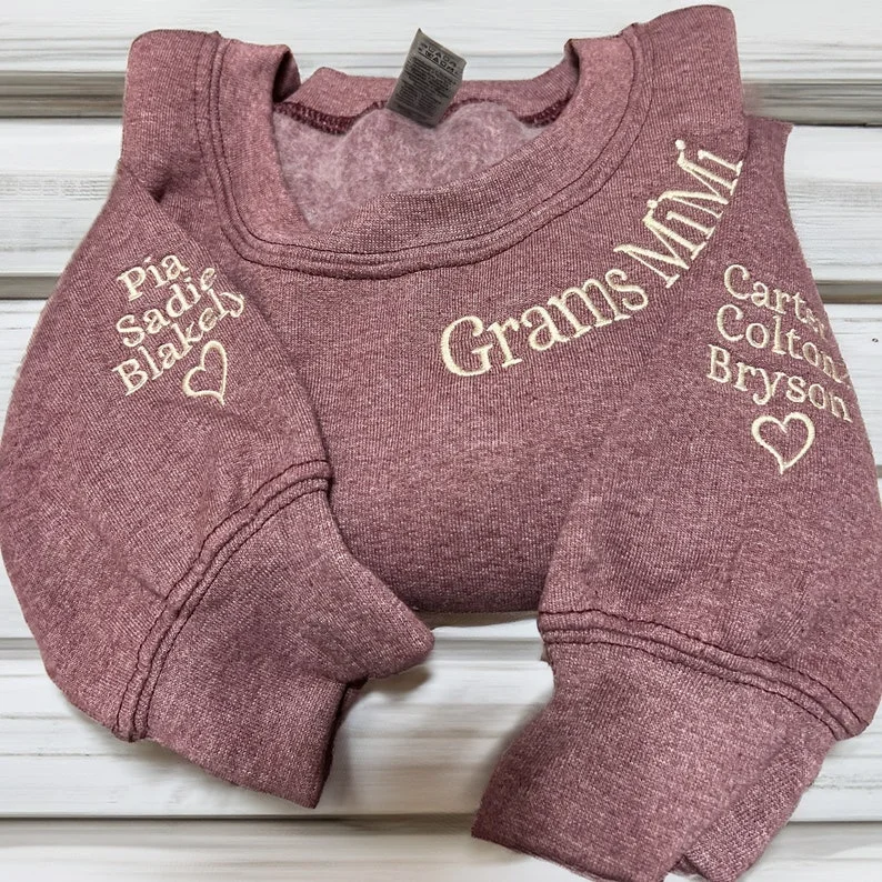 Custom Embroidered Mama Grandma Gigi or Any Text on Neckline Sweatshirt, Names on Sleeve,Personalized Gift for Mom, Grandma