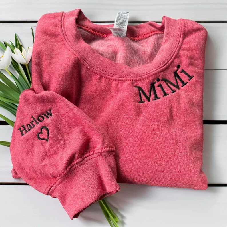 Custom Embroidered Mama Grandma Gigi or Any Text on Neckline Sweatshirt, Names on Sleeve,Personalized Gift for Mom, Grandma