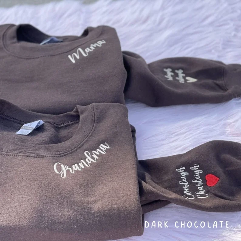 Custom Embroidered Mama Grandma Gigi or Any Text on Neckline Sweatshirt, Names on Sleeve,Personalized Gift for Mom, Grandma