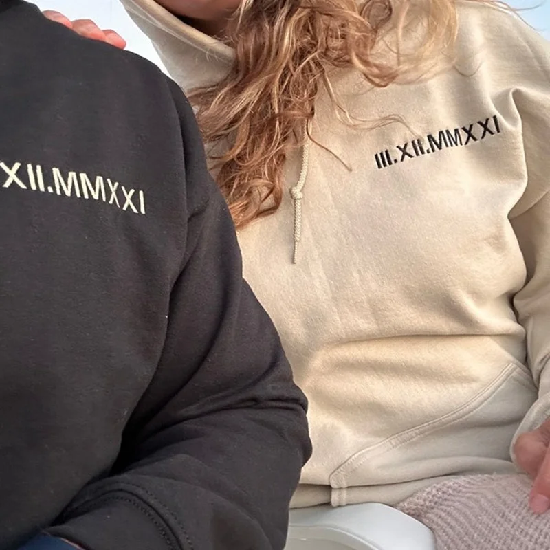 Custom Embroidered Roman Numeral Hoodie For Couple Valentine's Day Wife Anniversary