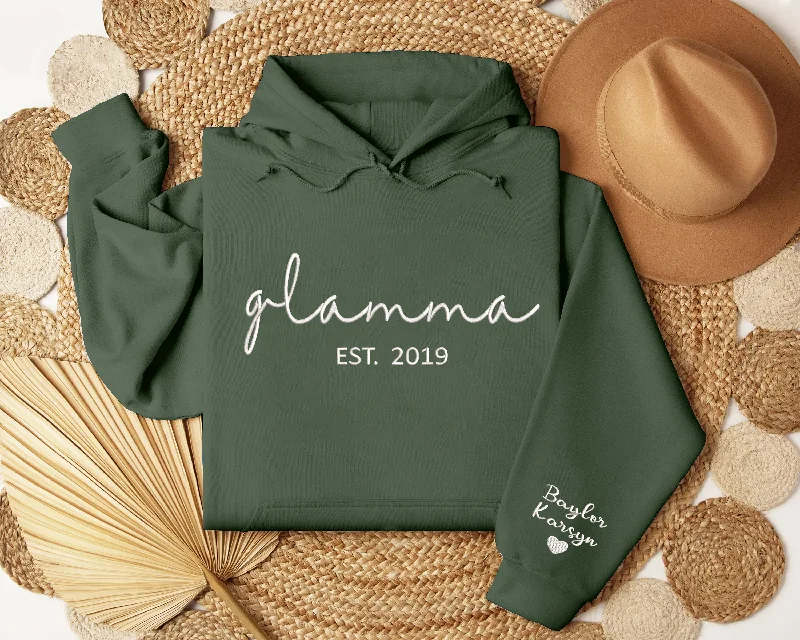 Embroidered Custom Glamma Hoodieshirt with Grandkids Names on Sleeve, Est Date Glamma Hoodieshirt, Gift for Glamma