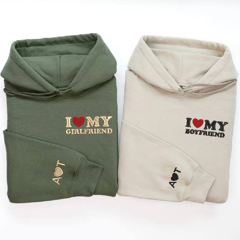 Embroidered I Love My Girl Friend and Boy Friend Sweatshirt and Hoodie with Names Couple On Sleeve