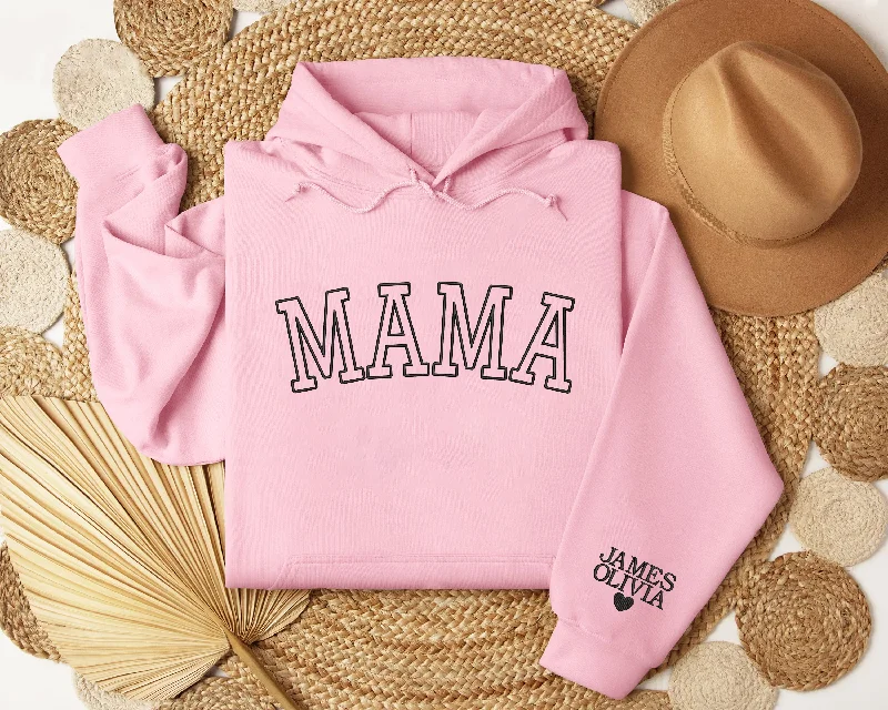 Embroidered Mama Hoodieshirt with Kid Names on Sleeve, Custom Embroidered Hoodieshirt For Mom