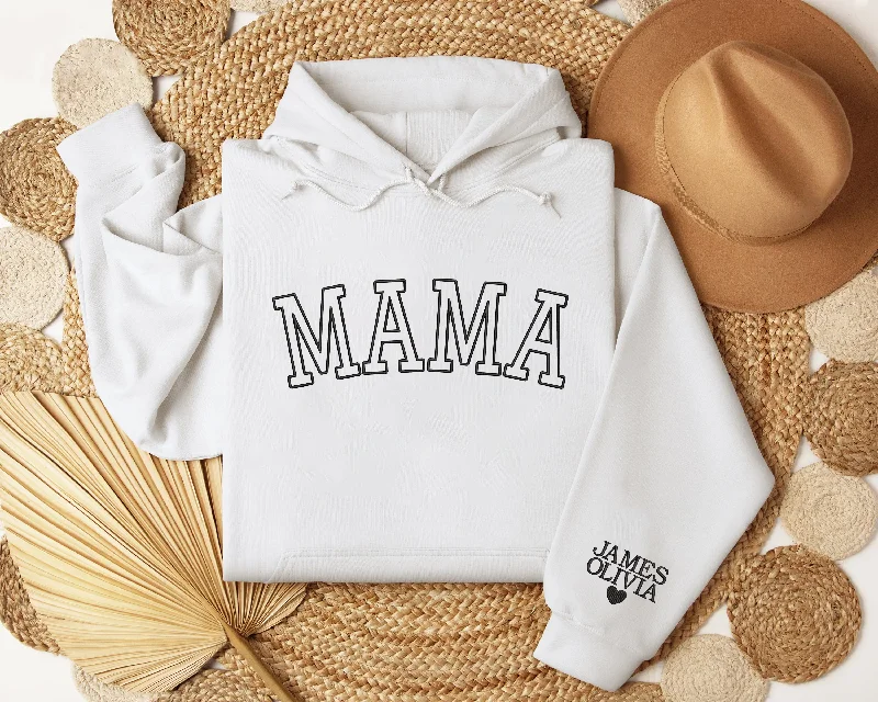 Embroidered Mama Hoodieshirt with Kid Names on Sleeve, Custom Embroidered Hoodieshirt For Mom