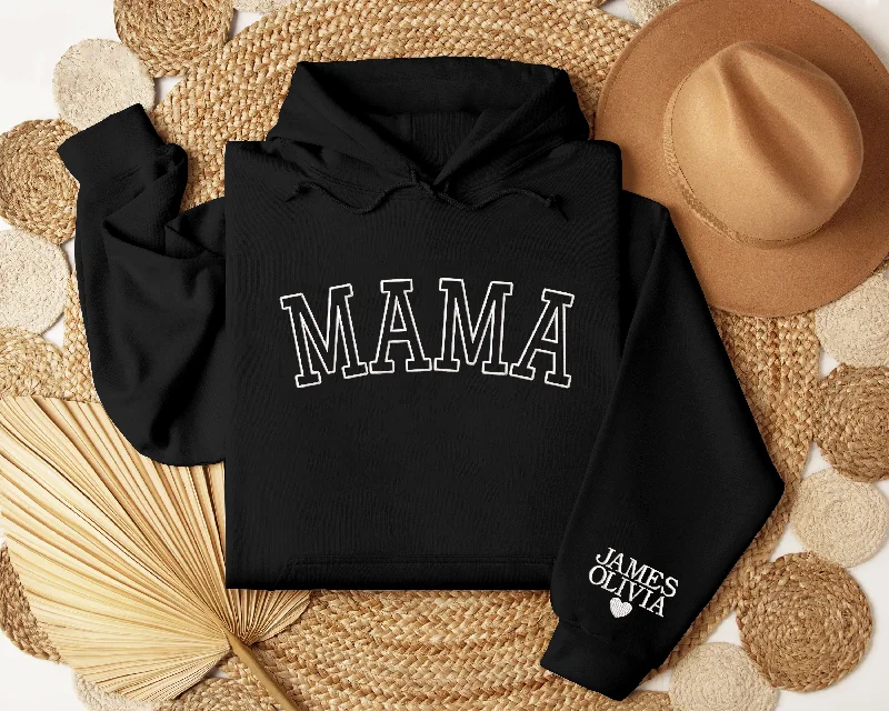 Embroidered Mama Hoodieshirt with Kid Names on Sleeve, Custom Embroidered Hoodieshirt For Mom