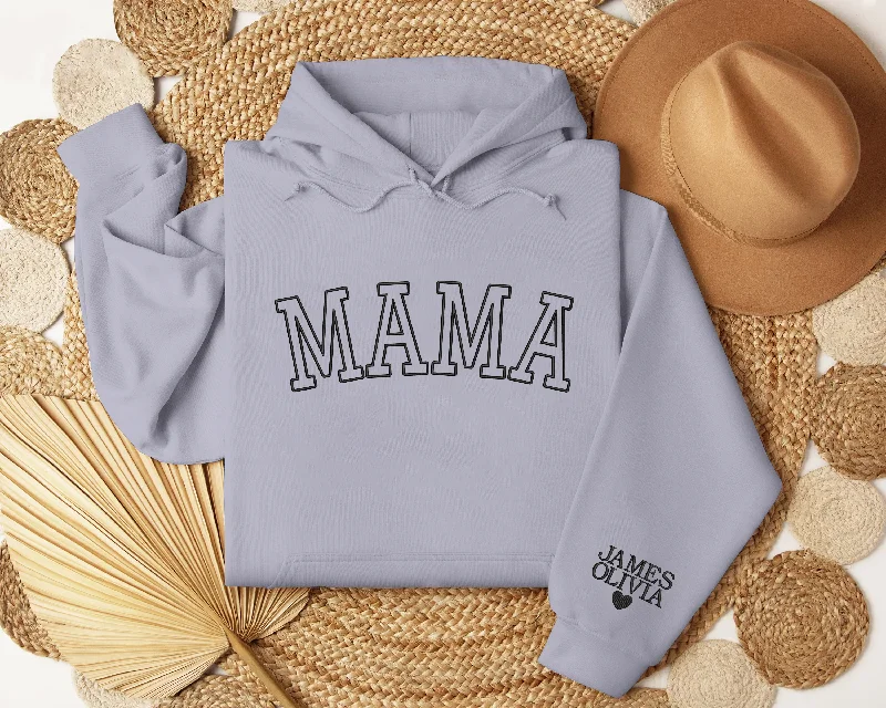 Embroidered Mama Hoodieshirt with Kid Names on Sleeve, Custom Embroidered Hoodieshirt For Mom