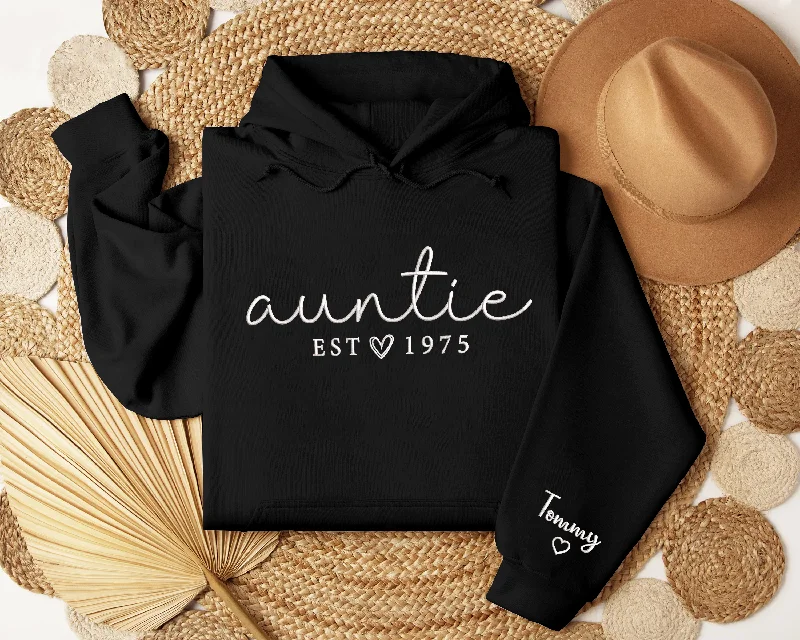 Personalized Embroidered Auntie Hoodieshirt with Kids Names Sleeve, Custom Aunt Sweater, Est Date Auntie Hoodieshirt