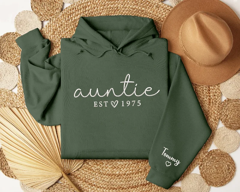 Personalized Embroidered Auntie Hoodieshirt with Kids Names Sleeve, Custom Aunt Sweater, Est Date Auntie Hoodieshirt