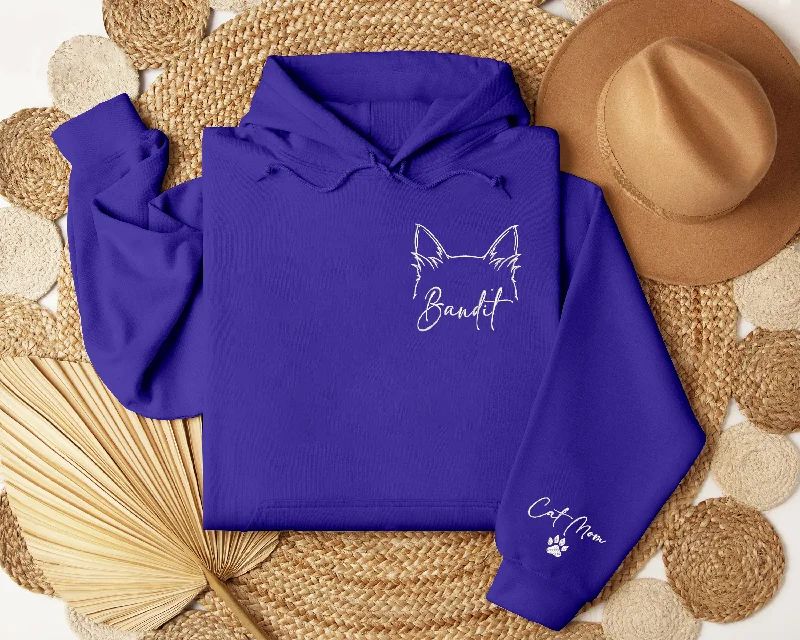 Personalized Embroidered Cat Mom Hoodieshirt, Custom Cat Ears Hoodieshirt, Cat Mom Hoodieshirt, Cat Lover Hoodieshirt