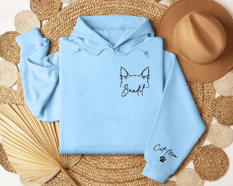 Personalized Embroidered Cat Mom Hoodieshirt, Custom Cat Ears Hoodieshirt, Cat Mom Hoodieshirt, Cat Lover Hoodieshirt