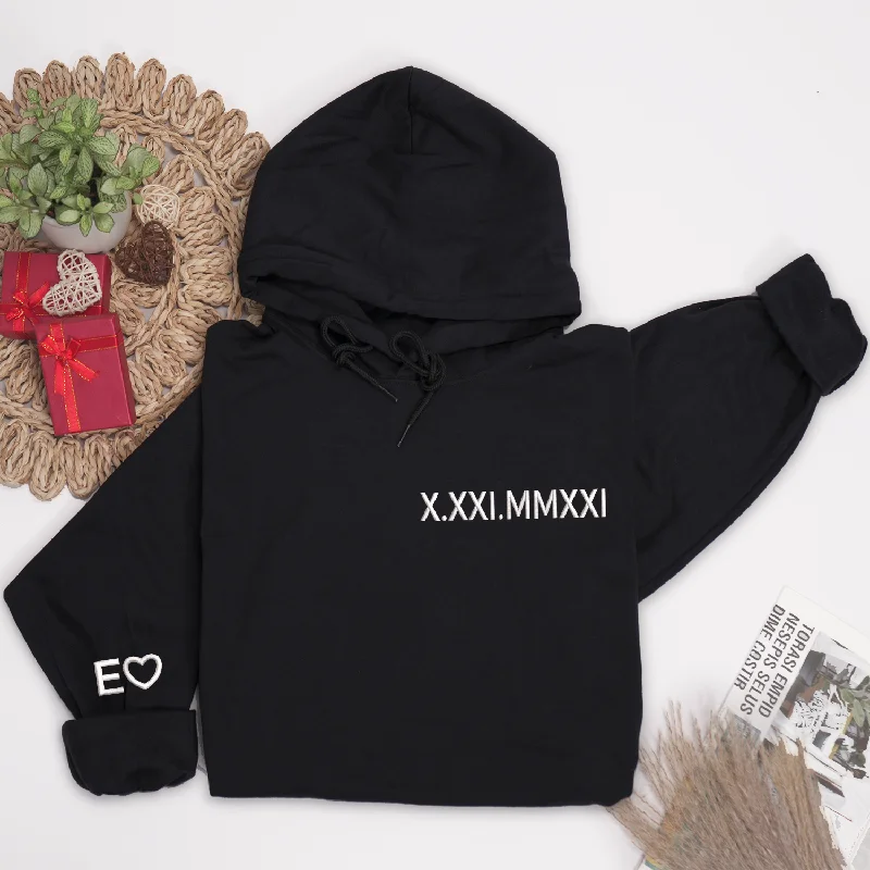 Personalized Embroidered Roman Numeral Hoodieshirt, Matching Hoodieshirt For Couples