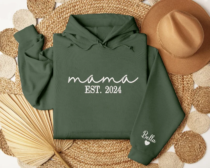 Personalized Mama Hoodieshirt Embroidered Heart on Kids Name, Custom Grandma Hoodieshirt