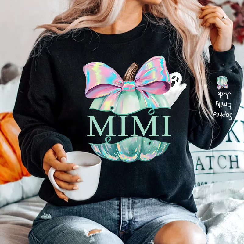 Personalized Mimi Pumpkin Iridescent Peeking Ghost With Grandkids Halloween Sweatshirt