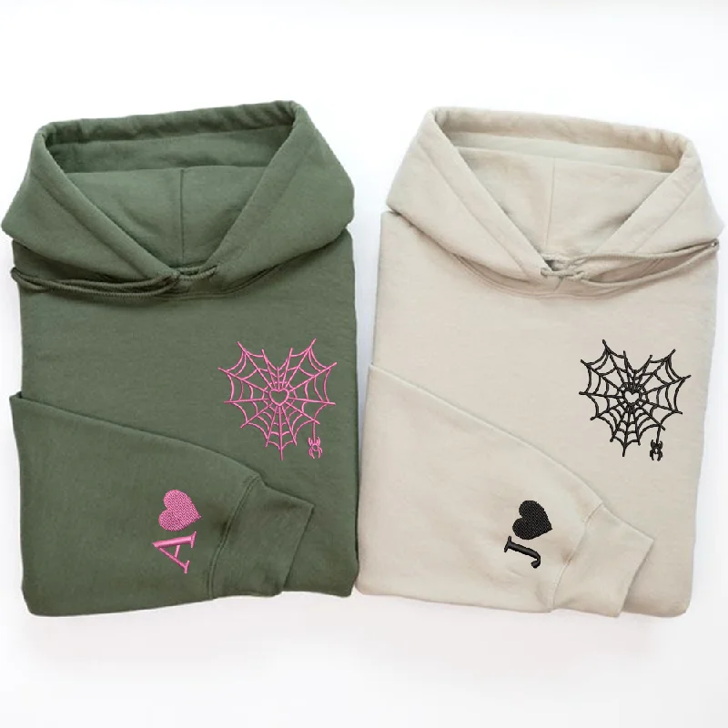 Personalized Spider Heart With Initials Heart On Sleeve Hoodies, Matching Couple Hoodies