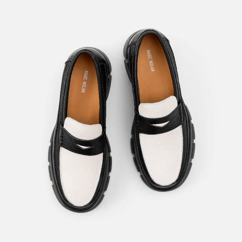 Ms. Calum Black/White Pebble Leather Lug Penny Loafers