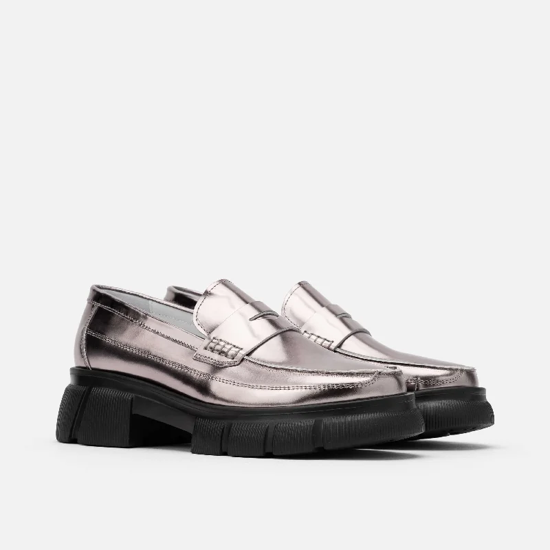 Ms. Calum Silver Rose Patent Leather Lug Penny Loafers