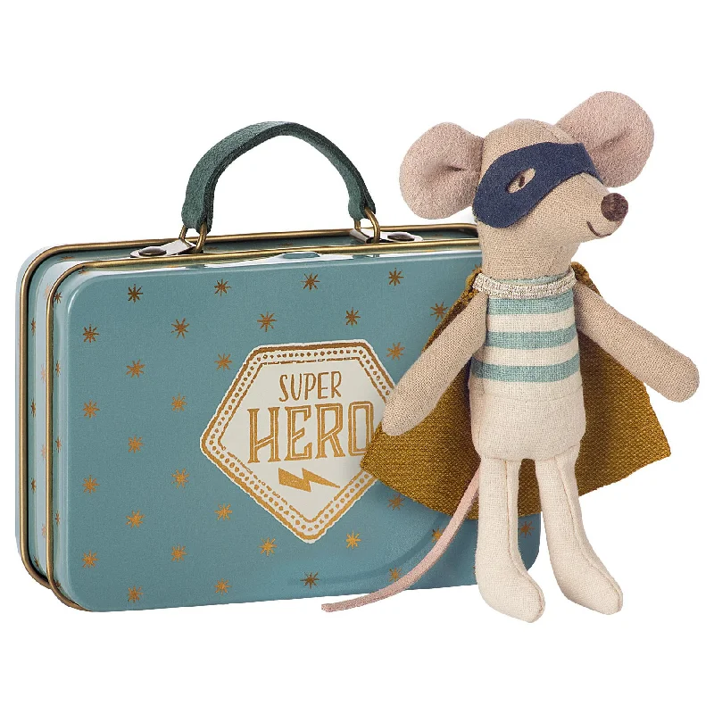 Enchanting and magical plush dollsMaileg Superhero Mouse in Suitcase
