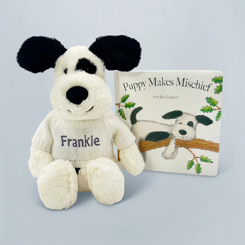 Cuddly and delightful Jellycat naptime buddiesPersonalised Jellycat Bashful Black and Cream Puppy Soft Toy with Puppy Makes Mischief Book Cuddly and delightful Jellycat naptime buddiesPersonalised Jellycat Bashful Black and Cream Puppy Soft Toy with Puppy Makes Mischief Book