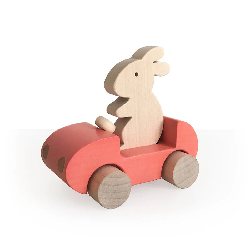 playful wooden toys                  Briki Vroom Vroom Bunny Car Corail / Coral