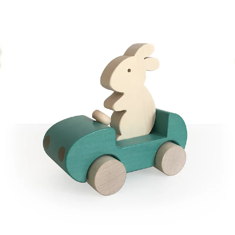 sustainably sourced wooden toys                   Briki Vroom Vroom Bunny Car Turquoise