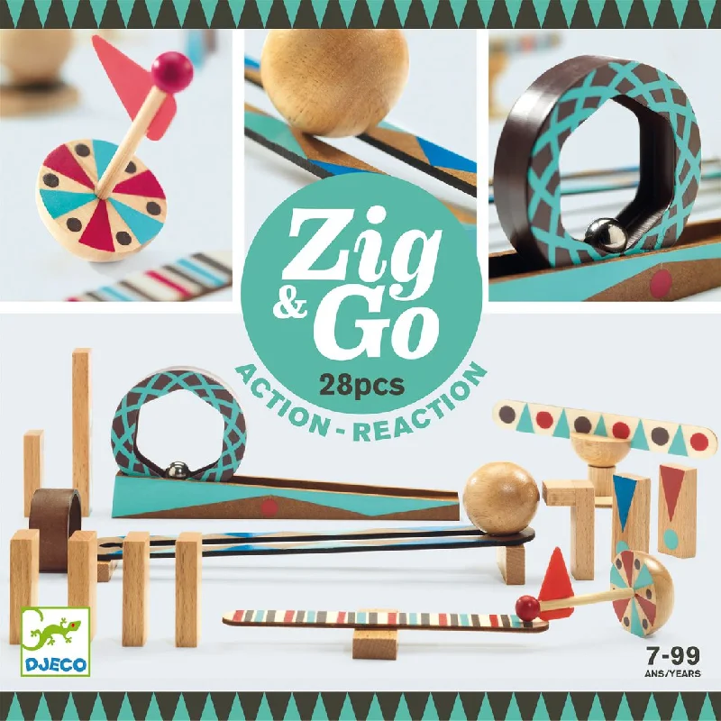 thoughtfully designed wooden toys              Djeco zig & go - roll construction game 28 pcs
