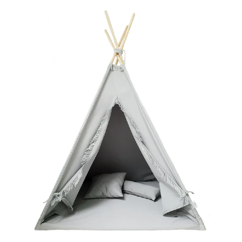 thoughtfully crafted and safe wooden toys                   Fringe Teepee Tent, Mat & Cushions, Grey