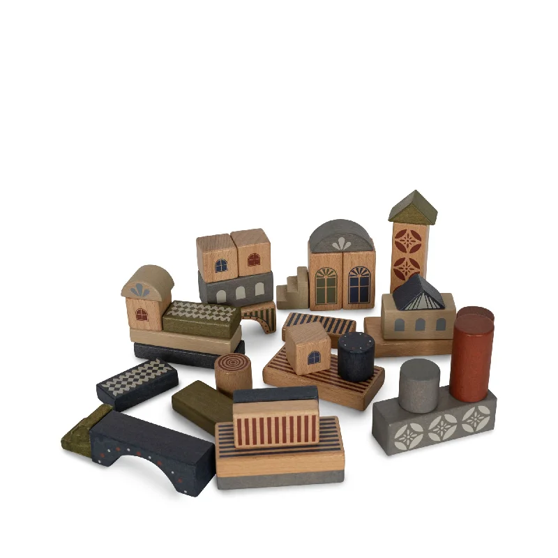 eco-friendly wooden toys                   Konges Sløjd Wooden Building Blocks with Print 34 pcs FSC Beige/Toffee One Size