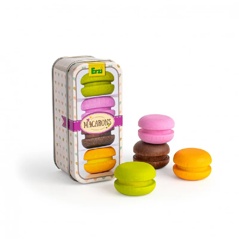 vibrant and colorful wooden toys for toddlers                   Erzi macarons in a tin