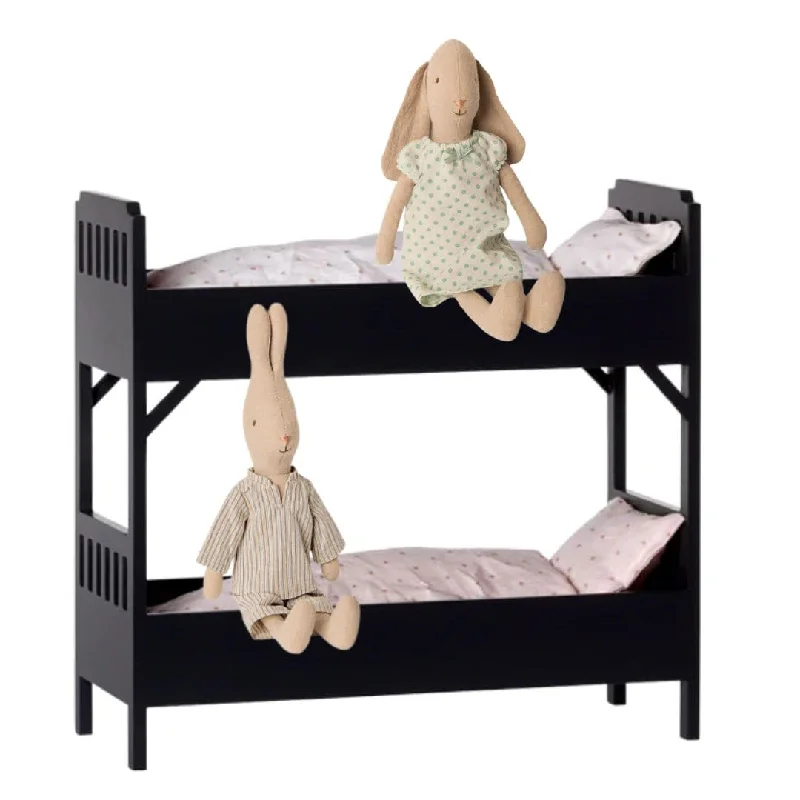 eco-conscious and sustainable wooden toys for children                   Modern Black Bunkbed with Two Bunnies