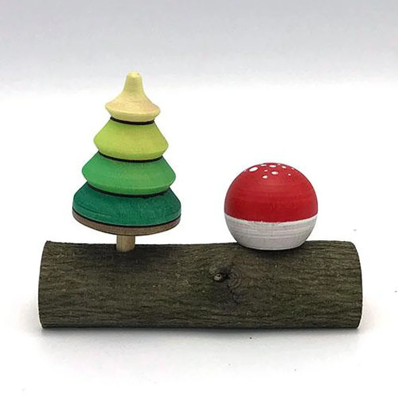 thoughtfully crafted and safe wooden toys                   mushroom and tree top on log