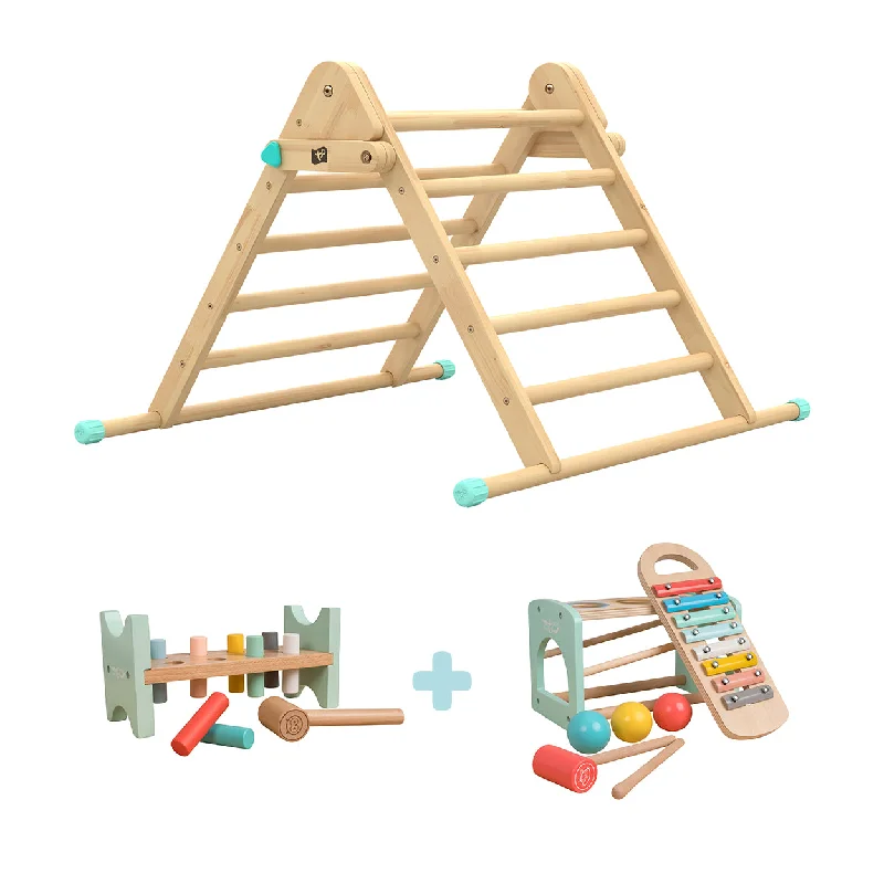 eco-friendly and safe wooden toys                   The Energetic Play Pack: TP Active-Tots Pikler Style Wooden Climbing Triangle with Owl & Fox Hammer Bench and Owl & Fox Xylophone