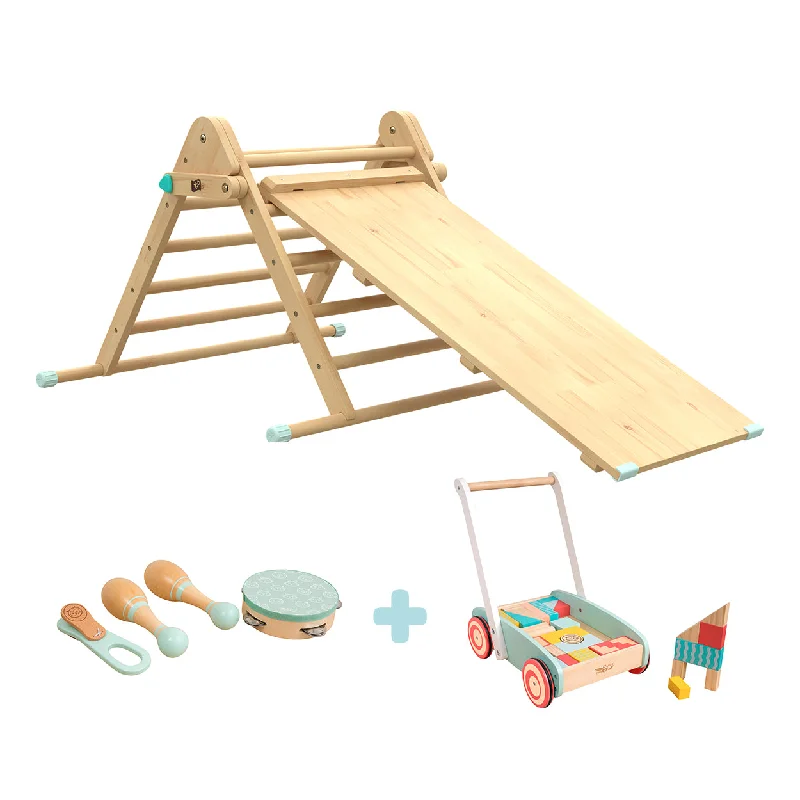engaging wooden toys The Imagination Play Pack: TP Active-Tots Pikler Style Wooden Climbing Triangle & Slide with Owl & Fox Baby Walker and Owl & Fox Musical Instrument Assortment engaging wooden toys The Imagination Play Pack: TP Active-Tots Pikler Style Wooden Climbing Triangle & Slide with Owl & Fox Baby Walker and Owl & Fox Musical Instrument Assortment