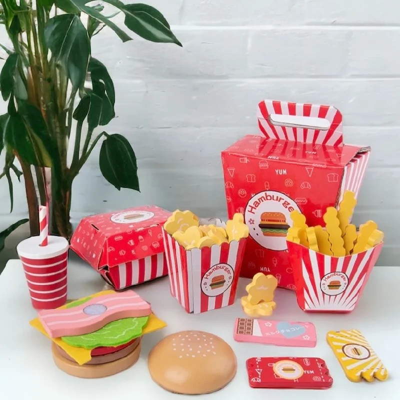 sturdy and safe wooden toys Wooden burger fries popcorn chicken fast food meal kitchen play set sturdy and safe wooden toys Wooden burger fries popcorn chicken fast food meal kitchen play set